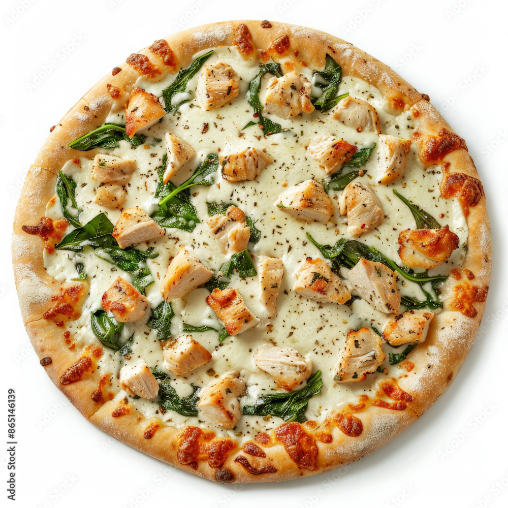 A white pizza with Alfredo sauce, chicken, and spinach, isolated on white background A white pizza with Alfredo sauce, chicken, and spinach, isolated on white background