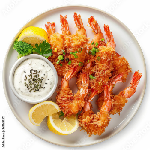 A plate of ebi fry, breaded and deep-fried shrimp, served with tartar sauce and lemon wedges, isolated on white background. photo