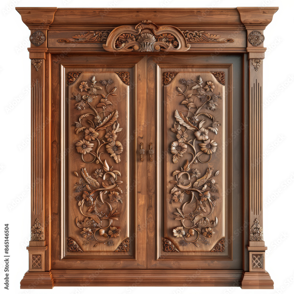 A classic wooden wardrobe with intricate details and a rich mahogany finish, isolated on white background. A classic wooden wardrobe with intricate details and a rich mahogany finish, isolated on white background.