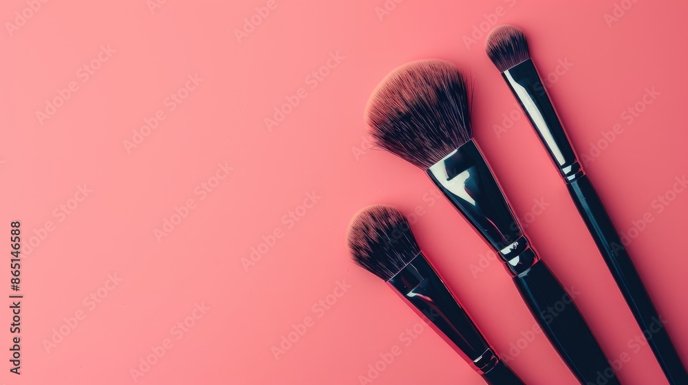 Small brushes for applying makeup on a pink background Beauty care concept Small brushes for applying makeup on a pink background Beauty care concept