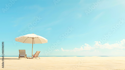 Serene beach scene with two lounge chairs under an umbrella on empty sandy shore  clear blue sky  and calm ocean view.