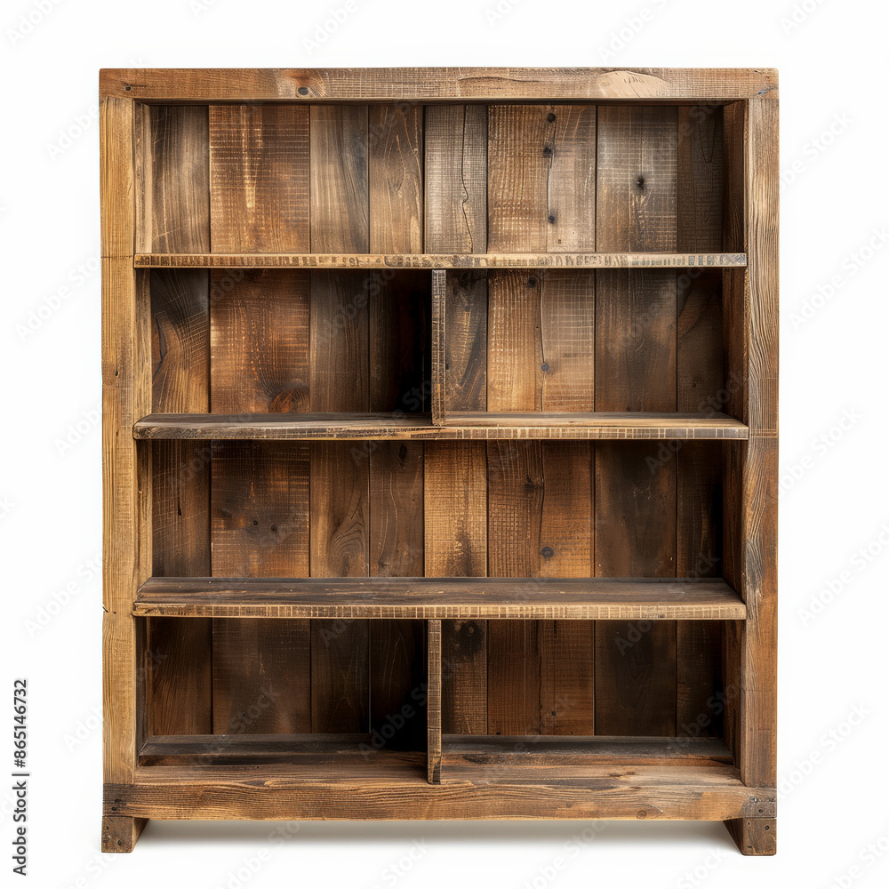 A rustic wooden bookcase with open shelves and a natural finish, isolated on white background. A rustic wooden bookcase with open shelves and a natural finish, isolated on white background.