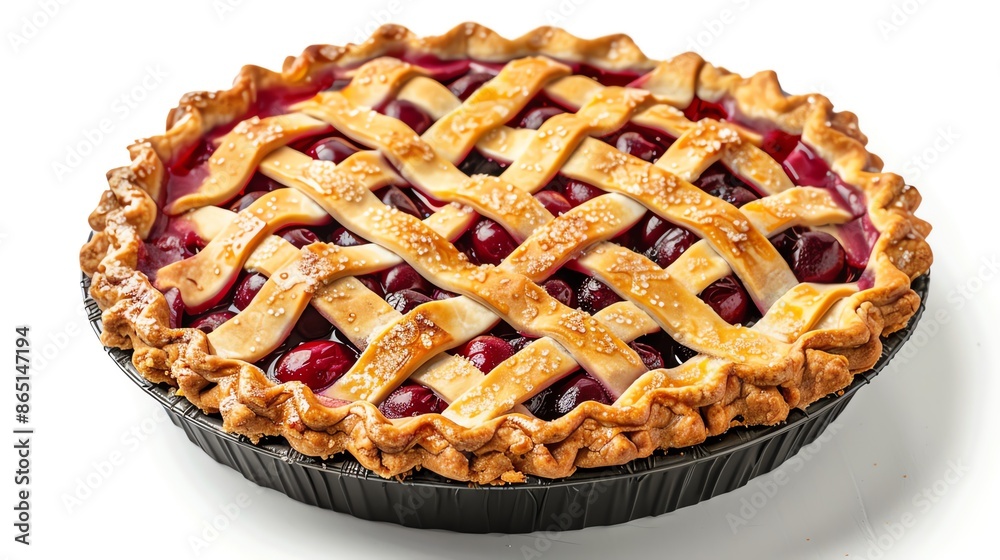 A beautifully decorated cherry pie with a lattice crust, displayed on an isolated white background, ideal for showcasing delicious desserts in promotional content A beautifully decorated cherry pie with a lattice crust, displayed on an isolated white background, ideal for showcasing delicious desserts in promotional content