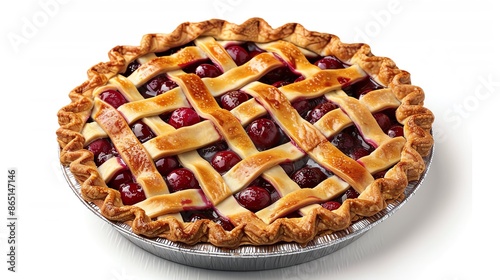 A beautifully decorated cherry pie with a lattice crust, displayed on an isolated white background, ideal for showcasing delicious desserts in promotional content