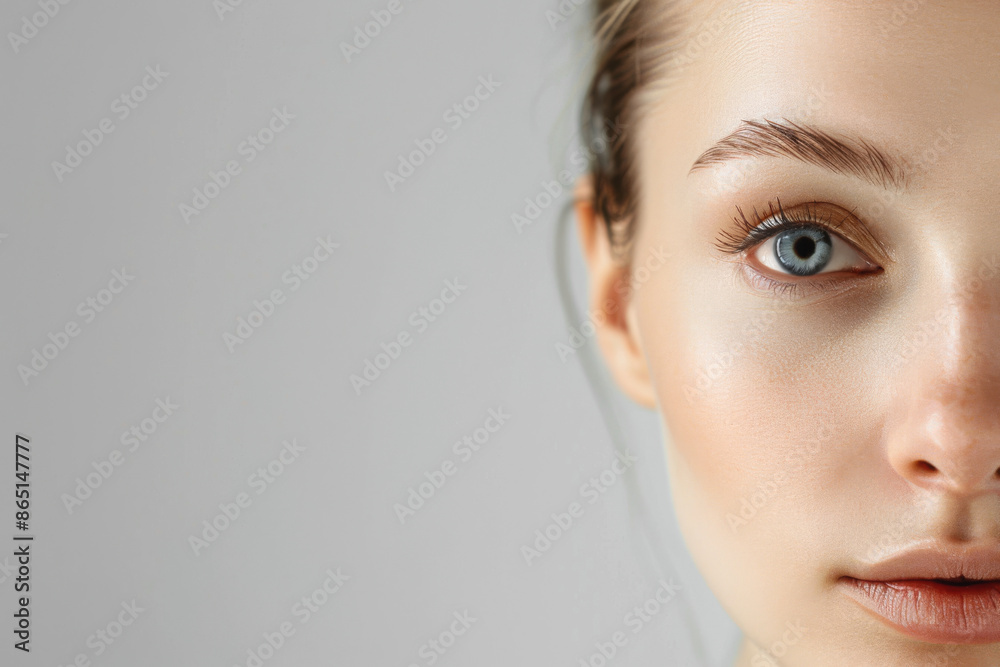 Fototapeta premium Close-up of a 30-year-old Caucasian woman with clear skin and blue eyes, highlighting beauty and skincare