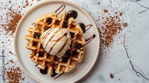 A minimalist shot featuring a single waffle with a scoop of vanilla ice cream and a drizzle of chocolate sauce, set on a clean, white plate with ample copy space photo