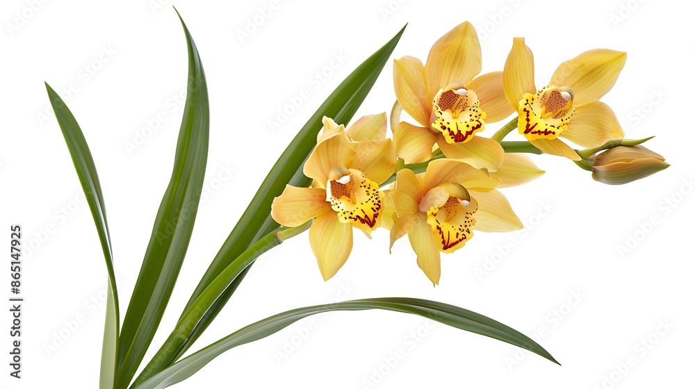 Obraz premium Cymbidium tracyanum orchid plant Tracys cymbidium Large yellow orchid isolated on white background with clipping path : Generative AI