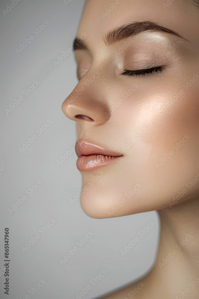 Close-up of a beautiful caucasian woman with flawless skin and natural makeup, focusing on skincare and beauty Close-up of a beautiful caucasian woman with flawless skin and natural makeup, focusing on skincare and beauty