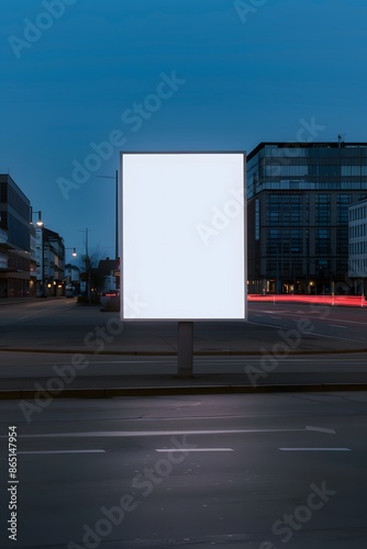 Blank billboard on a city street during twilight, ready for your advertisement. Urban setting with office buildings and light trails. photo