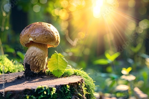 Large brown mushroom sprouts from a moss-covered tree trunk in a sunlit forest photo