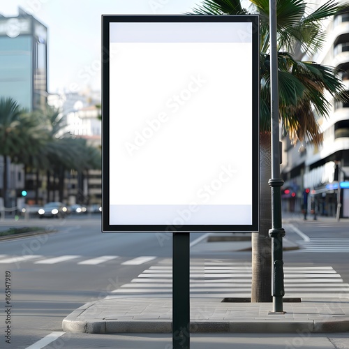 Blank billboard on a city street with palm trees, perfect for outdoor advertisement. Urban setting with road and buildings in the background. photo