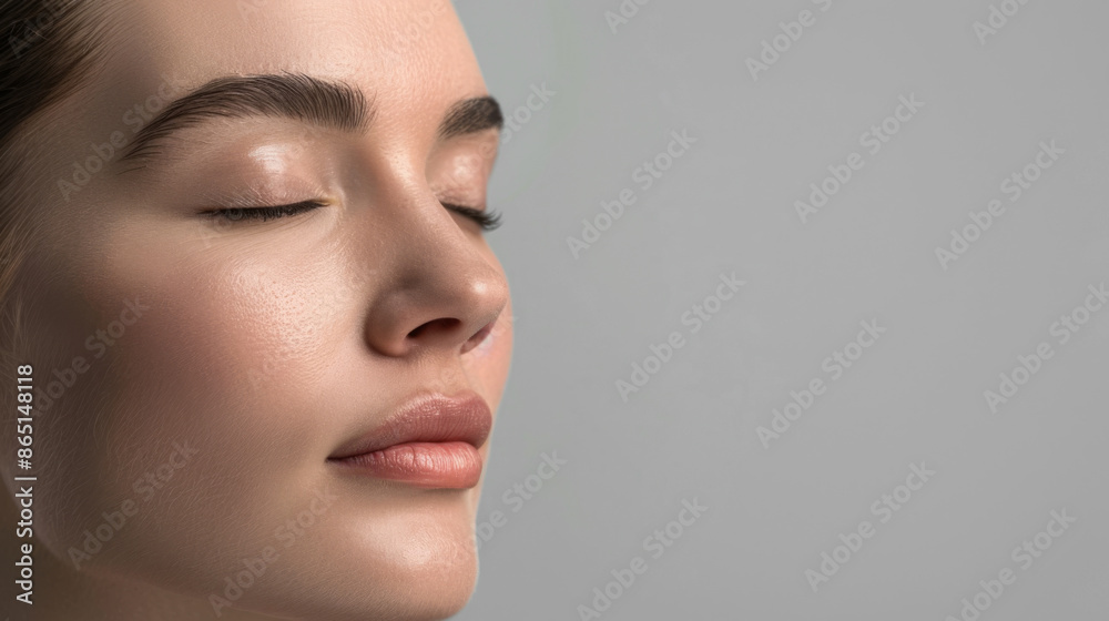 A serene and content Caucasian woman with closed eyes, emphasizing her radiant and healthy skin A serene and content Caucasian woman with closed eyes, emphasizing her radiant and healthy skin