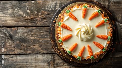 Wallpaper Mural A top view of a round carrot cake with cream cheese frosting and carrotshaped decorations, placed on a rustic wooden table with ample copy space Torontodigital.ca