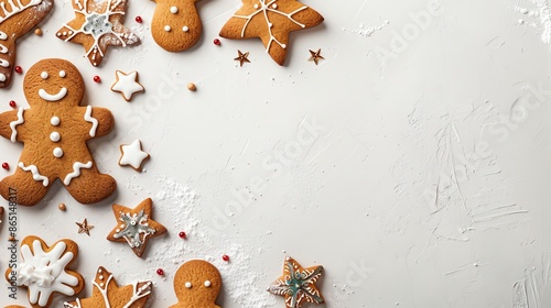 A variety of Christmasthemed cookies, including gingerbread men and stars, on a white background with ample space for text, perfect for holiday marketing materials photo