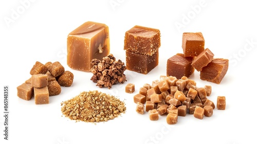 A variety of jaggery forms, including blocks and granules, arranged on a pristine white background, ideal for showcasing organic sweeteners in healthfocused promotions photo