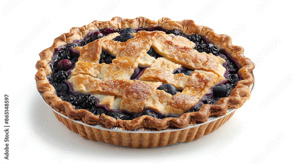 A whole blueberry pie with a golden, flaky crust, on a pristine white background, perfect for dessertfocused advertisements and product showcases A whole blueberry pie with a golden, flaky crust, on a pristine white background, perfect for dessertfocused advertisements and product showcases