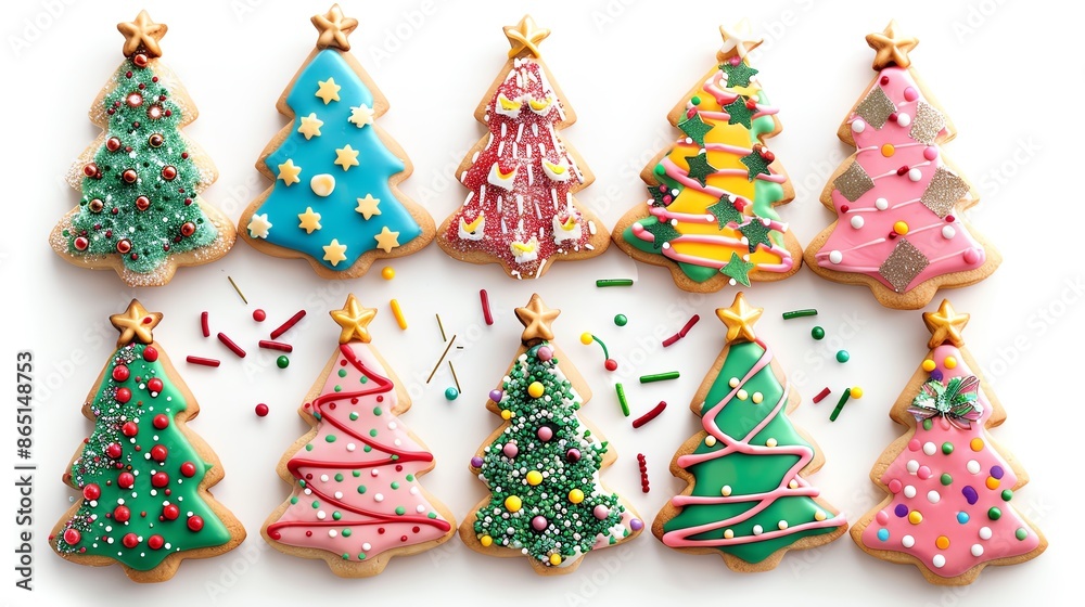 Beautifully decorated Christmas tree cookies with vibrant icing and sprinkles, arranged on an isolated white background, ideal for festive stock photos and advertisements Beautifully decorated Christmas tree cookies with vibrant icing and sprinkles, arranged on an isolated white background, ideal for festive stock photos and advertisements