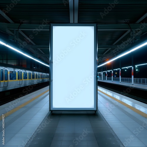 Blank illuminated billboard at empty train station platform, perfect for advertisement mockup at night.