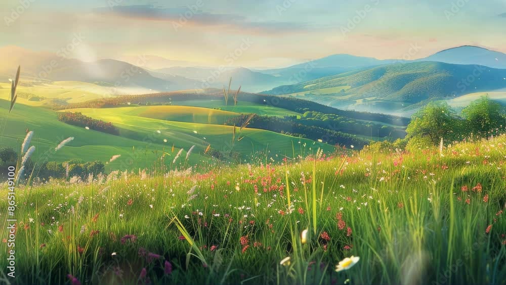 beautiful spring view in the mountains. grassy fields and rolling hills, anime style