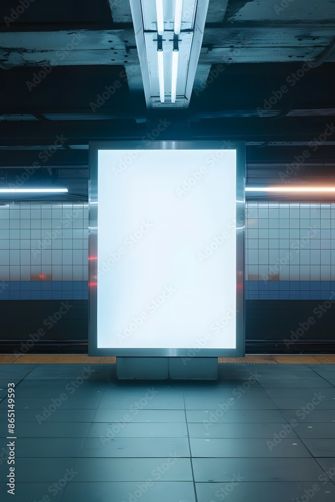 Obraz premium Blank illuminated billboard in an empty subway station with a tiled wall background, ideal for advertising or promotional content.