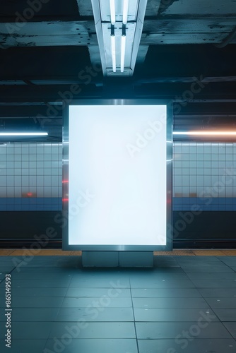 Blank illuminated billboard in an empty subway station with a tiled wall background, ideal for advertising or promotional content.
