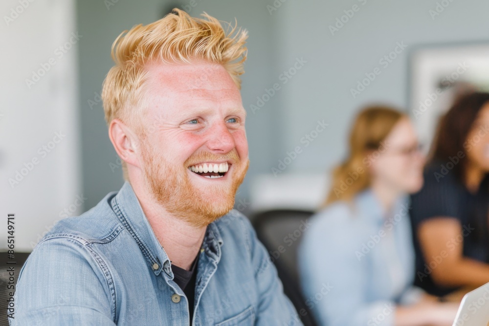 Joyful Redhead Man Laughing in Casual Office Environment Joyful Redhead Man Laughing in Casual Office Environment