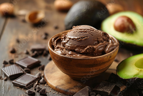 High Protein Chocolate Avocado ice cream, that combines chocolate with creamy avocado, copy space