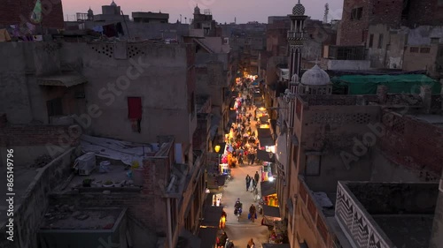 Walled City of Lahore. Evening Market near Delhi Gate, Aerial Drone Shot. Lahore, Punjab, Pakistan