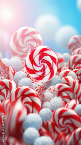 Red and white swirled lollipop, light bokeh Christmas holiday vertical background