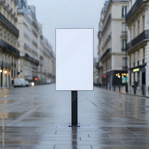 Blank outdoor billboard in empty city street on a rainy day, perfect for advertisement mockup or promotional display.