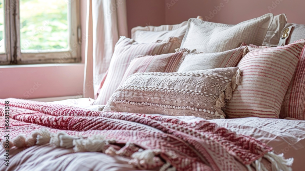 Soft and cozy, this beautifully arranged bed is adorned with textured pillows and a warm pink blanket Soft and cozy, this beautifully arranged bed is adorned with textured pillows and a warm pink blanket