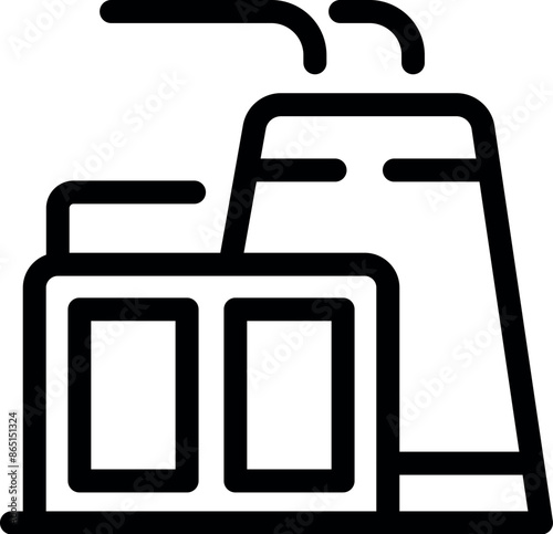 Simple black and white icon of an industrial factory building with smoking chimneys