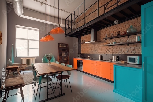 Retro loft living room and kitchen combined, colorful furniture and modern design