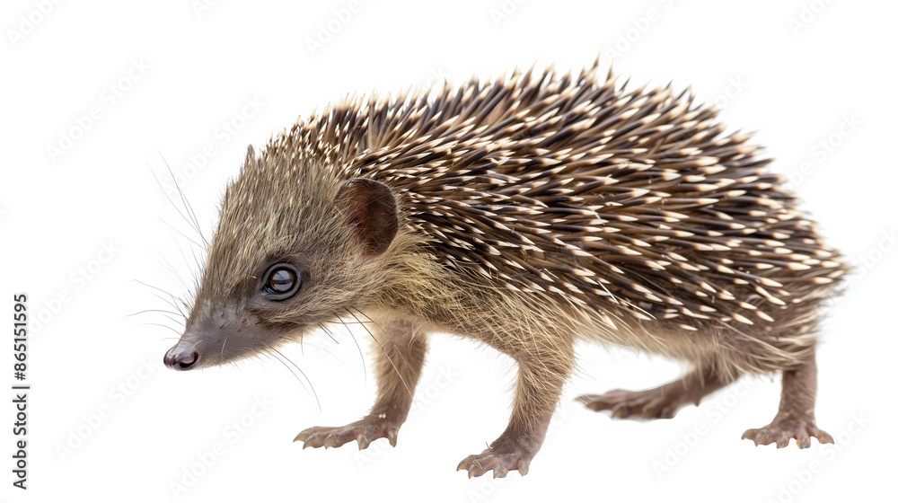 2. Create a high-resolution image of a Tenrec showcasing its unique spiny coat and small size, with a transparent background suitable for effortless placement on a white backdrop. Ensure the final