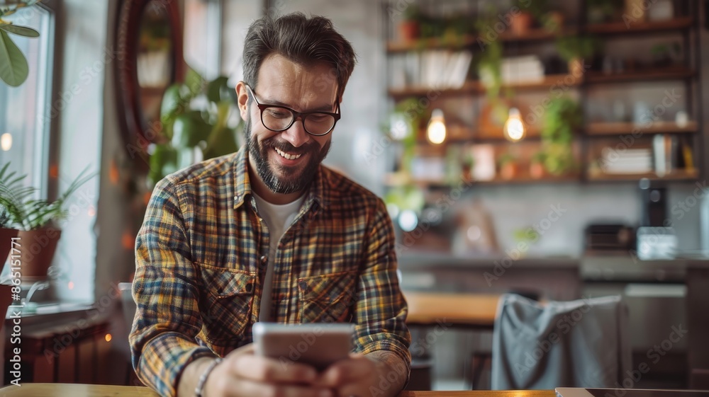 Smiling man using smartphone in cozy coffee shop with plants and wooden interior, enjoying his time, engaging in online activities. Smiling man using smartphone in cozy coffee shop with plants and wooden interior, enjoying his time, engaging in online activities.