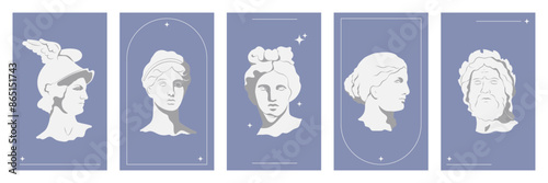 Modern aesthetic y2k ancient posters set. Greek statues, characters, head silhouettes on blue 2000s background. Vector illustration 