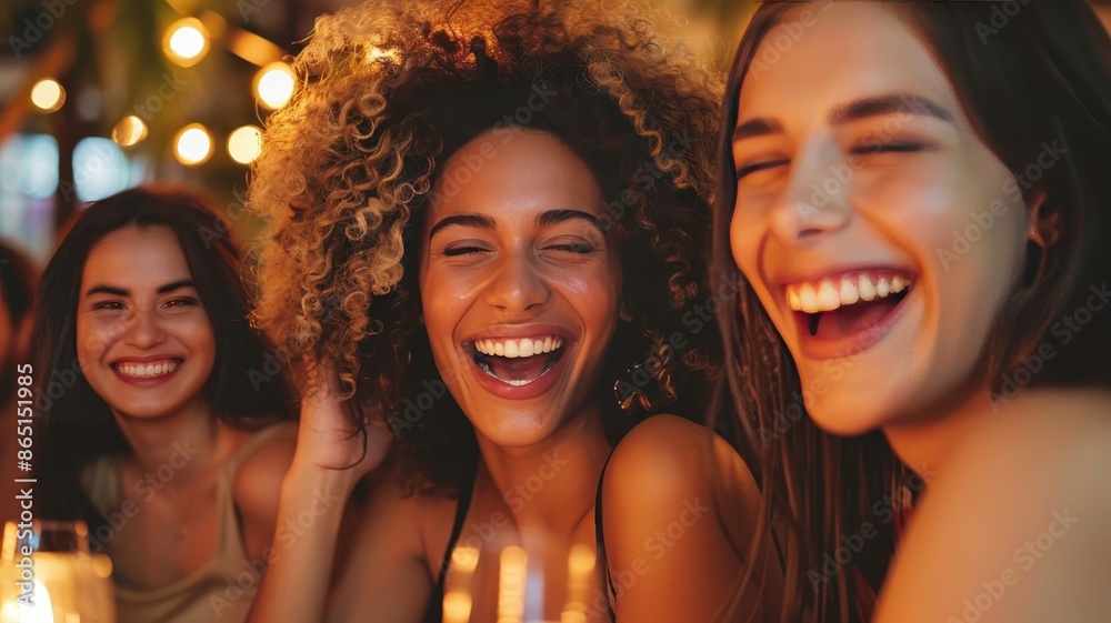 Three friends enjoying a night out, sharing laughter and happiness under festive lights. Perfect moment of joy and friendship captured at a party. Three friends enjoying a night out, sharing laughter and happiness under festive lights. Perfect moment of joy and friendship captured at a party.