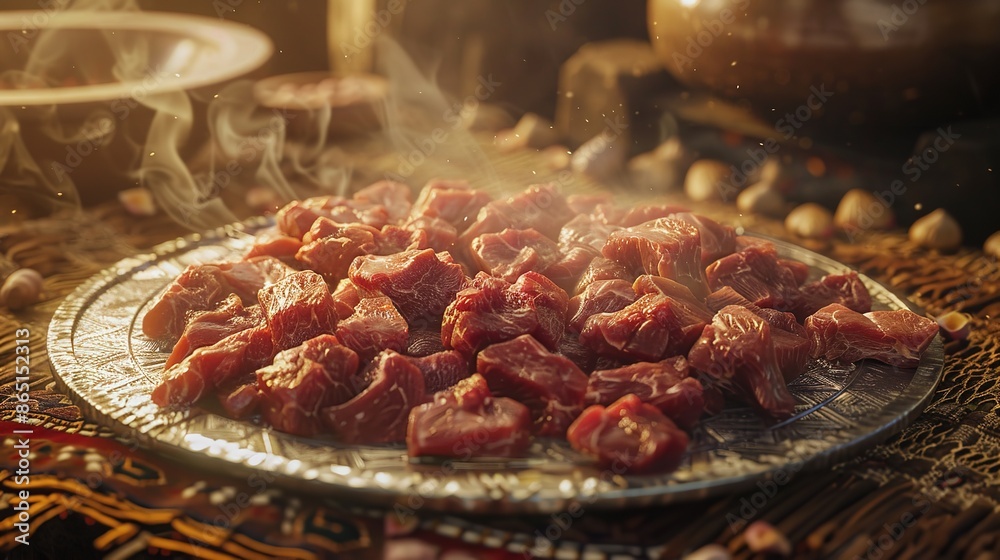 Piles of some beef that has been cut into small pieces Piles of some beef that has been cut into small pieces