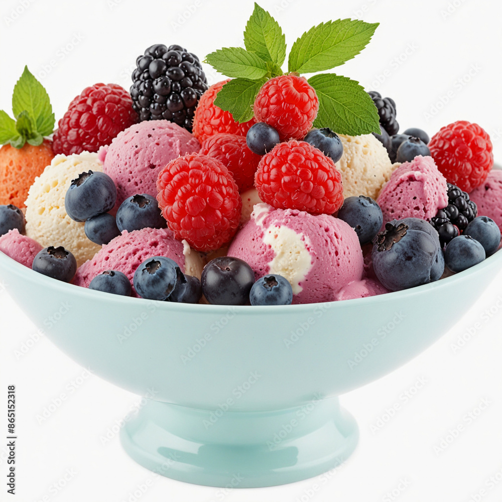 Various colorful ice cream in bowl with berries, isolated on white background Various colorful ice cream in bowl with berries, isolated on white background