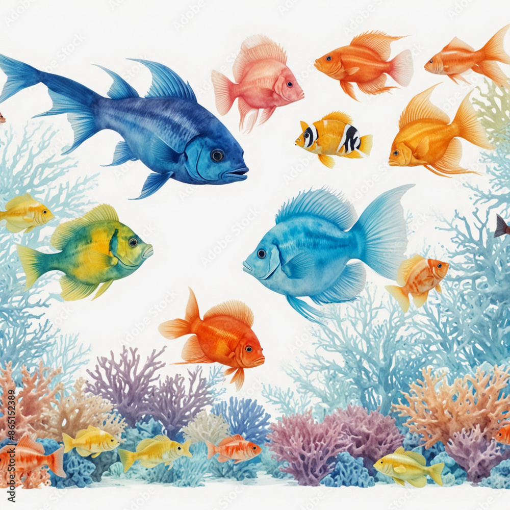 Underwater with colorful sea life fishes, isolated on white background