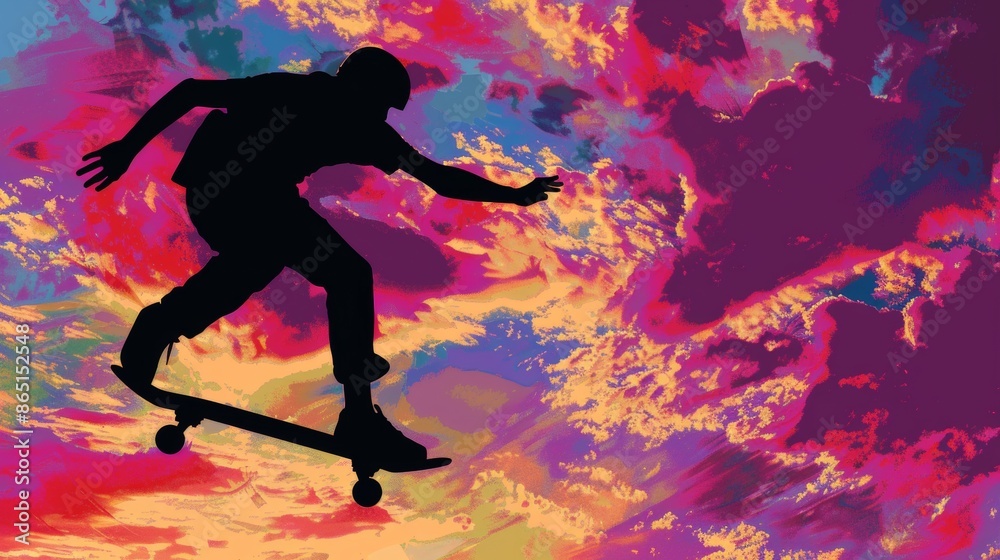 Naklejka premium Sunset Skater Dynamic Silhouette Against Vibrant Sky Embodying Youthful Energy and Athleticism