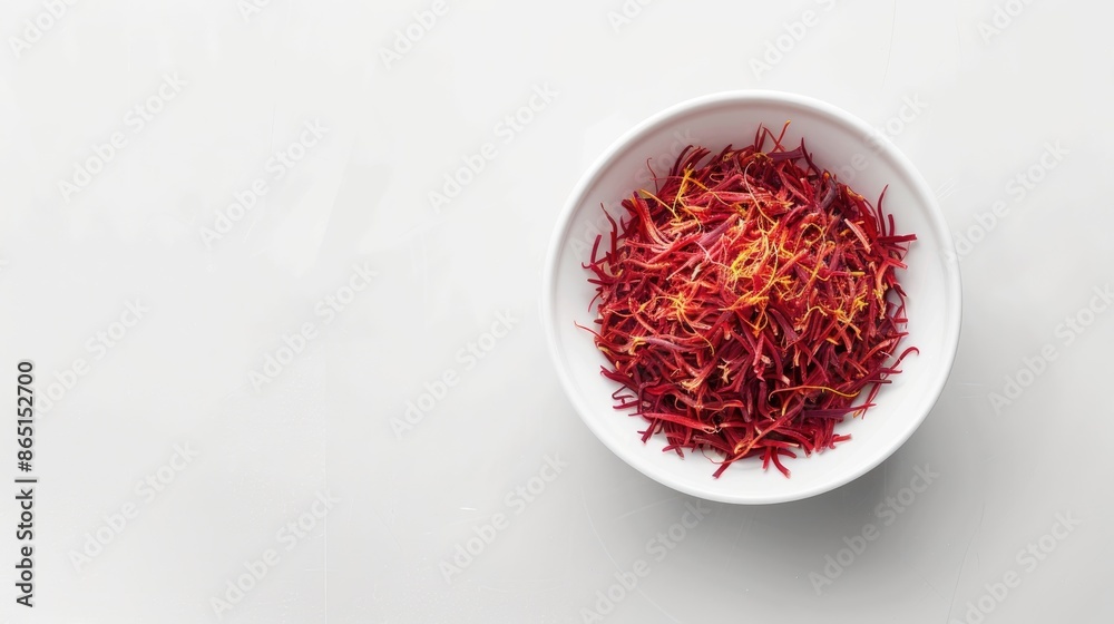 Naklejka premium Top view of a white bowl containing fragrant saffron isolated on a white background