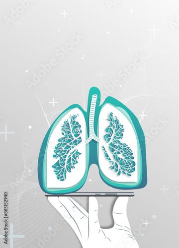 Human lung and treatment with technology innovation. A concept hospital for wallpaper and web, paper cut style in white and blue color.