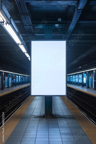 Empty billboard in an underground subway station with bright lighting, perfect for advertising and marketing campaigns.