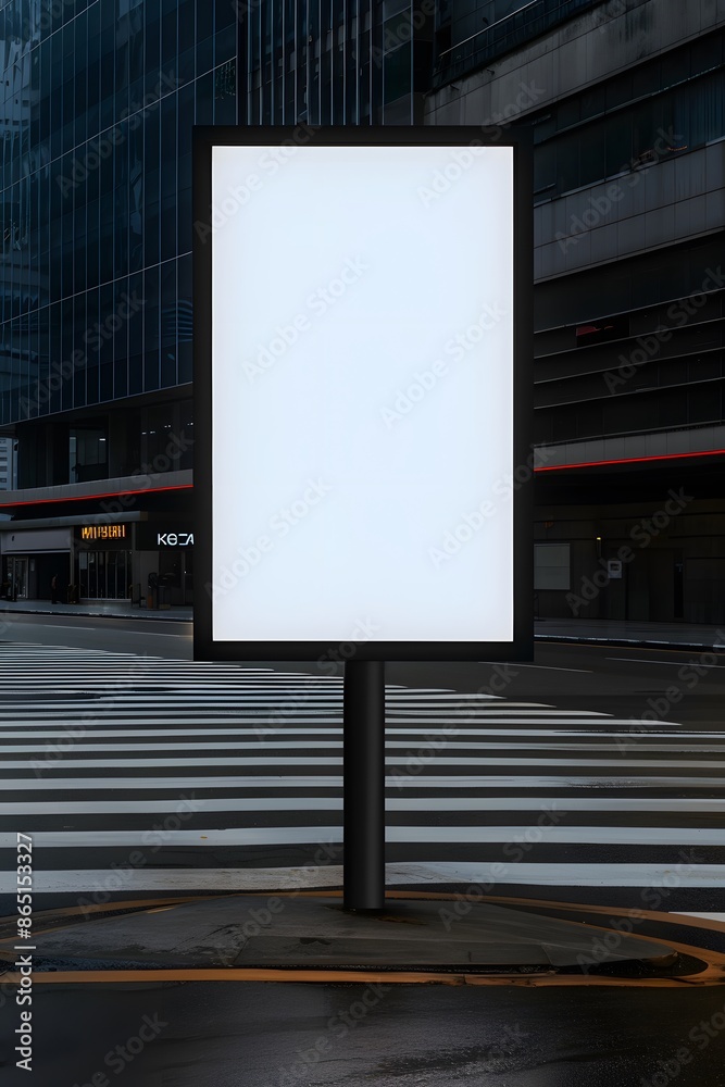 Empty billboard in urban setting, ideal for advertisement mockups. Street crossing and buildings in the background. Empty billboard in urban setting, ideal for advertisement mockups. Street crossing and buildings in the background.