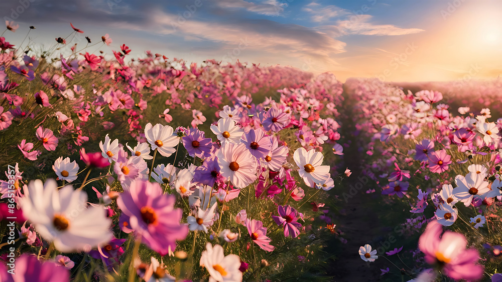 Obraz premium Vibrant Field of Cosmos Flowers in Bloom - Captivating Floral Landscape. Generative Ai