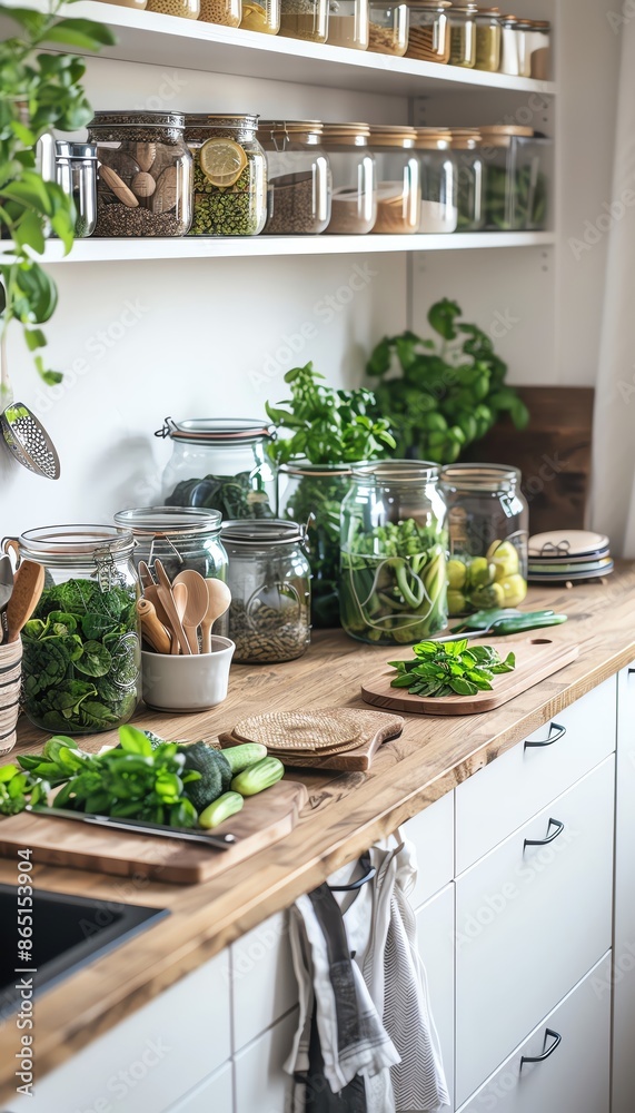 Modern kitchen with fresh herbs, jars, and cooking utensils on a wooden countertop, promoting healthy and organic cooking. Modern kitchen with fresh herbs, jars, and cooking utensils on a wooden countertop, promoting healthy and organic cooking.