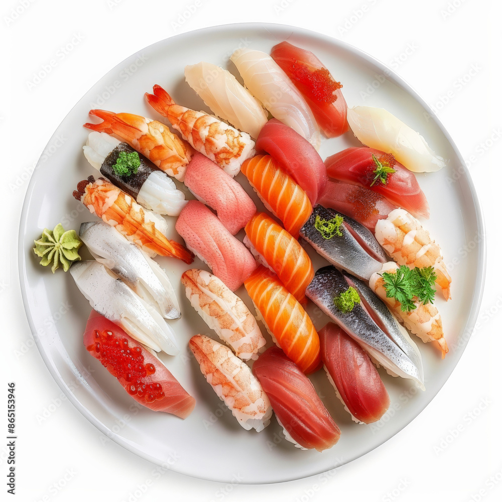A beautifully arranged platter of assorted nigiri sushi with different types of fish such as tuna, salmon, and eel, garnished with wasabi and pickled ginger, isolated on white background. A beautifully arranged platter of assorted nigiri sushi with different types of fish such as tuna, salmon, and eel, garnished with wasabi and pickled ginger, isolated on white background.