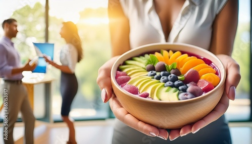 Ein gesundes Frühstück aus Obst und Müsli der start ins Büro.