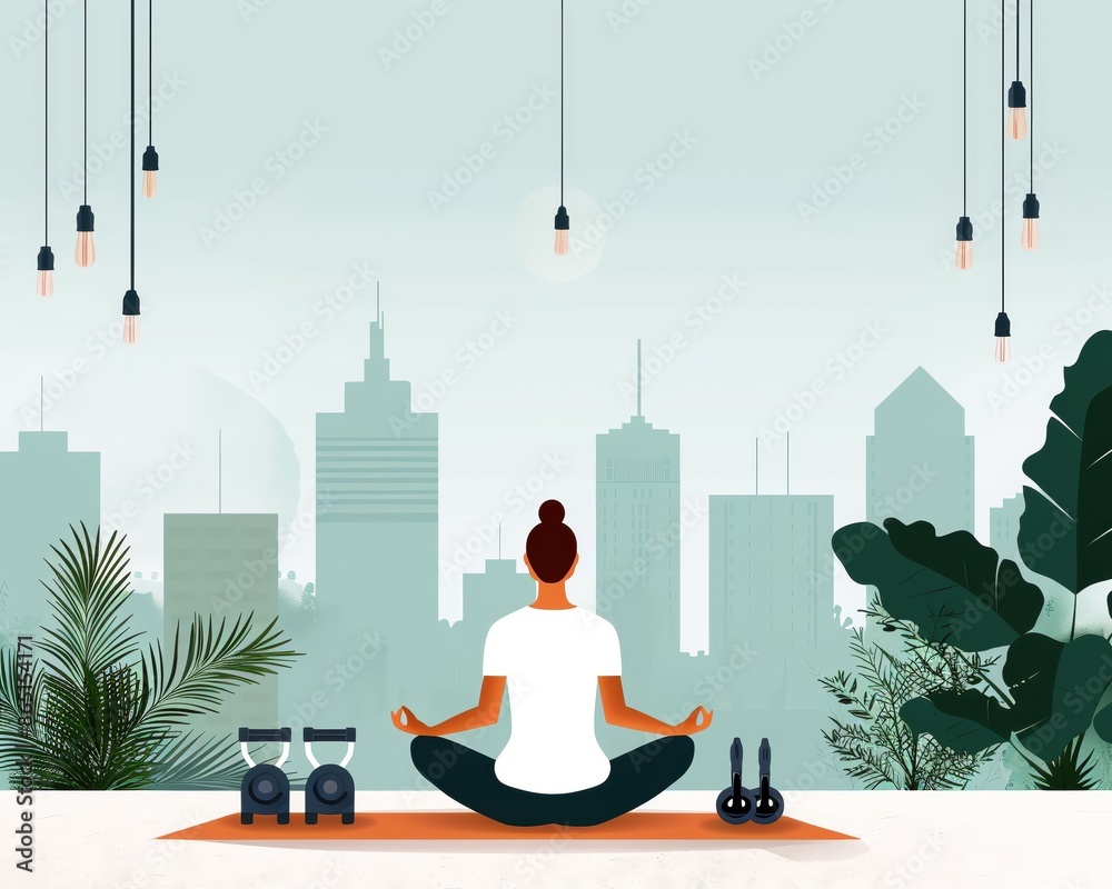 Woman practicing yoga in urban setting with city skyline and plants, promoting mindfulness and wellness amidst modern life. Woman practicing yoga in urban setting with city skyline and plants, promoting mindfulness and wellness amidst modern life.